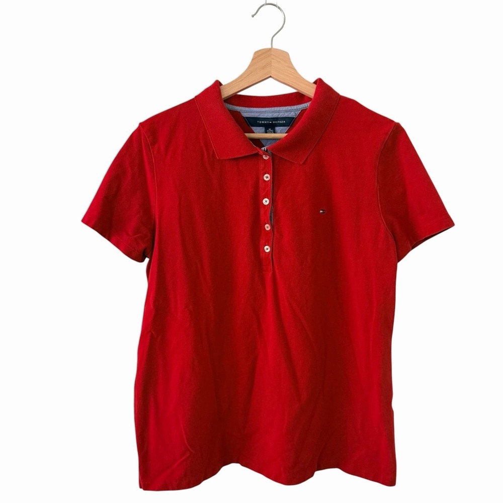 Tommy Hilfiger Women's Polo Shirt Red Short Sleeve Classic Flag Logo‎ Cotton XL